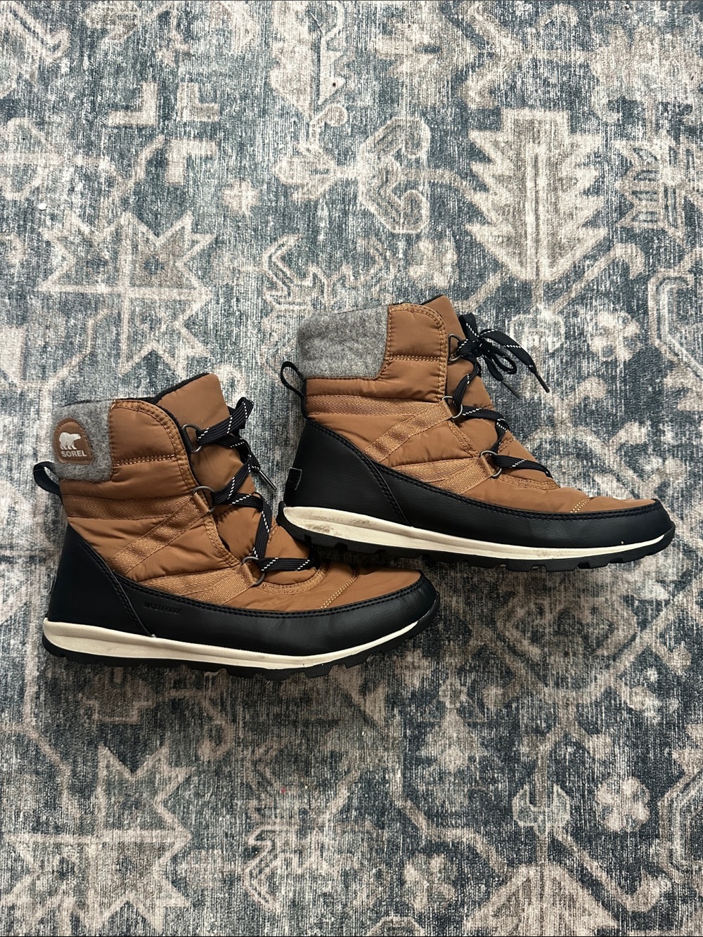 Sorel Tan and Black Waterproof Winter Ankle Boots